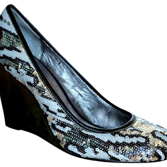 Coach Silver & Black Poppy Sequin Wedges 11 - Picture 5 of 5